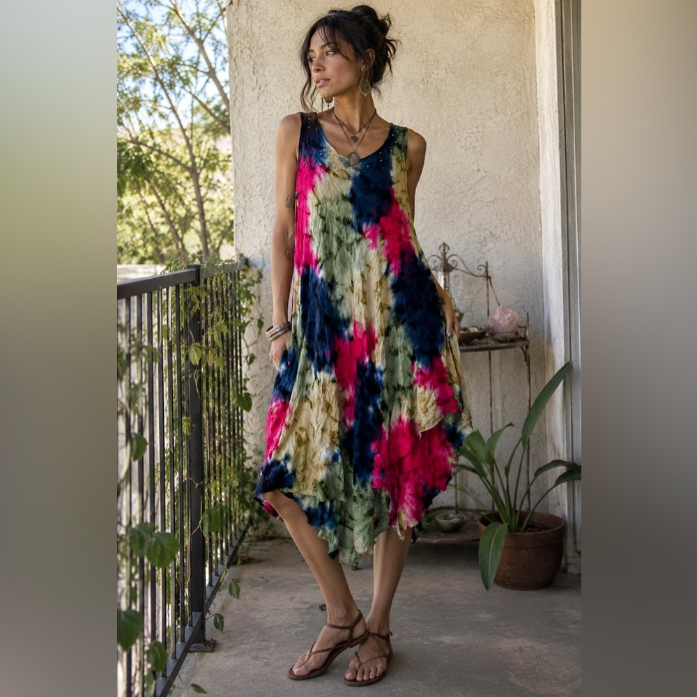 Zury Tie Dye Handkerchief Hem Dress Rayon Boho Festival Indie Free Size